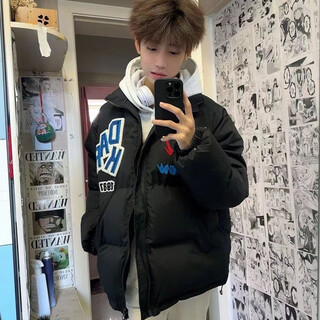 Bo mingchen embroidered cotton coat for men in winter new american trend thickened warm bread coat loose fashion retro cotton coat for men black l recommended 115-135 jin jin equals 0.5 kg