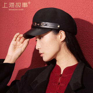 Shanghai story women's 100% wool woolen hat autumn and winter newsboy hat thickened and warm as a birthday gift, black