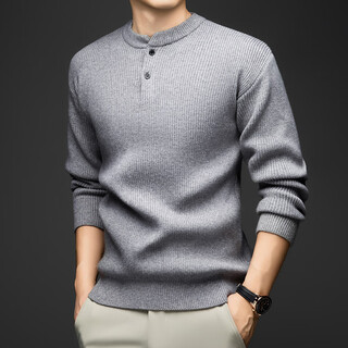 Pure (yishion) american retro loose thick line henry collar sweater for men 2025 winter thickened warm knitted bottoming shirt medium gray s 165 (100-120jin jin equals 0.5 kg)
