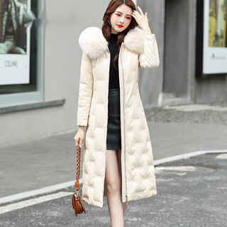 Hoores leather down jacket women's mid-length slim fit over the knee thickened fur women's fox fur collar hooded leather jacket women's high-end off-white l