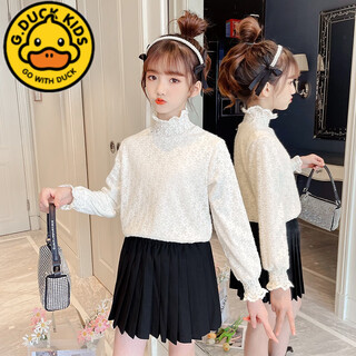 G.duck girls lace bottoming shirt autumn 2023 new autumn and winter plus velvet fashionable half turtleneck top for middle-aged and older children trendy beige color thin section 140 cm (recommended 42-55jin jin equals 0.5 kg) 8-9 years old