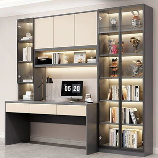 Double desk bookcase integrated whole wall solid wood computer desk bookshelf light luxury with glass door student bedroom study table khaki color delivery to home package installation bookcase style + length 60 width 30 height 220cm
