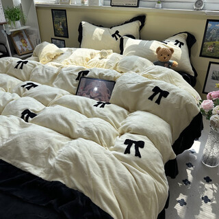 Mercury series thickened milk velvet four-piece set hepburn style lace double-sided velvet coral velvet quilt cover sheet for sleeping naked on the bed in winter charming bow-milk white-hzqe- winter thickened bed sheet 1.8x2m bed four-piece set quilt cover 200x230
