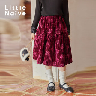 Little naive girls skirt autumn and winter new children's flower crumpled retro velvet skirt burgundy 130