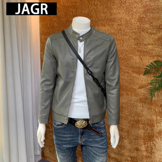 Jagr trendy brand leather jacket men's casual imitation leather jacket top versatile trendy men's jacket gray green m