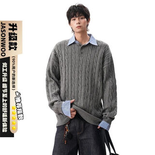 Jasonwood american retro old money style sweater men's autumn and winter henry collar polo shirt fake two-piece sweater gray m 160-165cm 90-105jin jin equals 0.5 kg