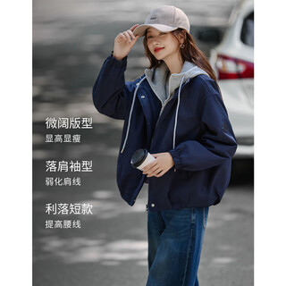 Shangjing street style contrast color splicing fake two-piece warm jacket women's 2025 winter new versatile workwear hooded short top navy blue + gray m