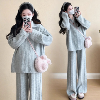 Nanding yage maternity wear autumn and winter suit korean style sweater new lapel sweater casual wide leg pants thickened slimming two-piece set picture color xl 125-145jin jin equals 0.5 kg