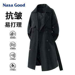 NASA GOOD中长款风衣男秋冬季防寒保暖宽松休闲双排扣腰带夹克外套 黑XL