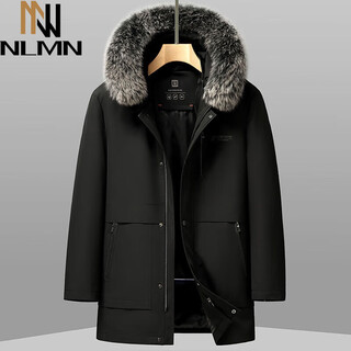 Nlmn winter new fox fur collar parka men's business casual warm removable liner middle-aged and elderly coat black l 175