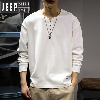 Jeep spirit heavyweight inner wear men's long-sleeved t-shirt spring and autumn loose large size american fashion brand top henry collar bottoming shirt sweatshirt white m suitable weight 90-130jin jin is equal to 0.5 kg