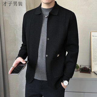 Tries lapel jacket men's cardigan sweater 2025 autumn new versatile slim outerwear knitted sweater jacket men's autumn clothing black l