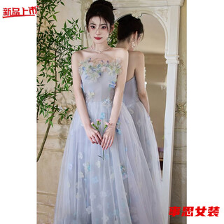 Shisi tubeless evening dress for women new style light luxury niche high-end beautiful adult ceremony banquet host feeling gray 2xl recommended 125-135 jin jin is equal to 0.5 kg