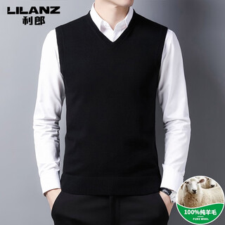 利郎羊毛针织背心男士秋冬新款无袖坎肩套头马甲纯色V领保暖毛衣 黑色 利马甲 XL (175)