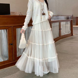 Mesh skirt women's autumn and winter reversible high-waisted a-line gauze skirt 2025 new super fairy cake skirt versatile apricot color one size fits all 80-150jin jin equals 0.5 kg