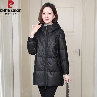 Pierre cardin sheepskin genuine leather down jacket women's 2025 winter new haining leather jacket casual loose hooded mid-length black m