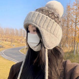 Somubay (somubay) fair isle hat for women, thickened and warm, autumn and winter ear protection hat, wool ball knitted woolen hat, cycling anti-cold lei feng hat, beige m (54-60cm)