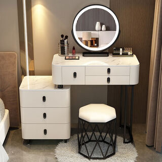 Small apartment solid wood dressing table bedroom modern simple high-end solid wood slate dressing table storage cabinet integrated chh solid wood frame black handle (7mm slate) white 115.5 three-drawer table + smart mirror + cabinet + bird's nest stool
