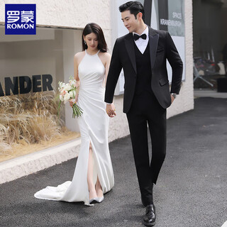 Romon groom wedding wool suit men's korean slim business formal tuxedo banquet evening suit black suit jacket+pants+vest+white shirt free tie 2xl recommended 135-150jin jin is equal to 0.5 kg