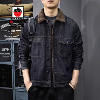 Aemape2025 winter plus velvet warm sherpa denim jacket men's american retro washed work jacket lapel cotton coat 3128 blue black sherpa jacket xl suitable for 145-160jin jin equals 0.5 kg