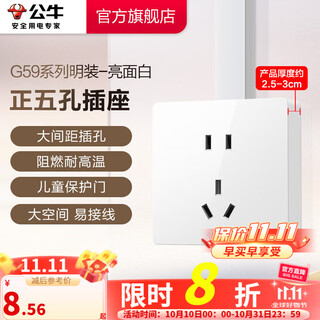 公牛（BULL）开关插座墙壁电源面板明装走线大面板家用墙壁插座G59系列亮面白 正五孔