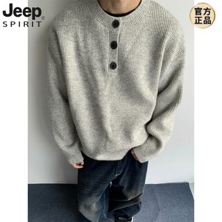 Jeep spirit cleanfit heavyweight sweater jacket men's american lazy style retro henry collar single-breasted sweater gray upgraded high-quality sweater m