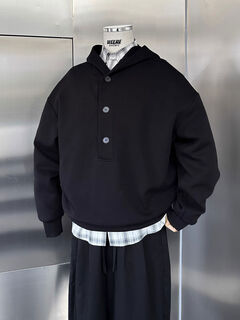 Selected vintage 350g air layer henley collar loose hooded sweatshirt for men black black s