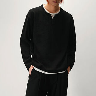 Selected textured henry collar long-sleeved t-shirt men's loose waffle fake two-piece bottoming shirt trendy brand black m m100-120jin jin equals 0.5 kg