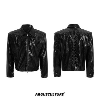 Culture thorny ridge heavy industry spine rivet embroidered leather jacket glossy texture jacket 唼黑 s s