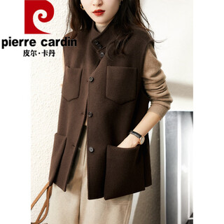 Pierre cardin women's vest 2025 autumn and winter new style fashionable solid color double-sided woolen outer vest top to show temperament chocolate color 2xl (recommended 150-165jin jin equals about 0.5 kg)