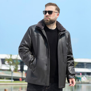 Jiujiu wang jiu mu wang plus velvet lining removable leather jacket plus size men's winter fat man plus fat fur collar motorcycle style thick coat brown l (125-135jin jin equals 0.5 kg)