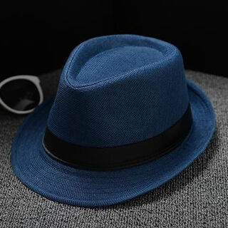 Qisman hat summer retro british fashion young men and women linen jazz hat casual top hat stage performance black belt navy blue m
