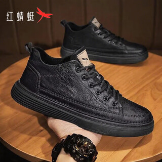 Red dragonfly men's shoes business casual leather shoes men's 2025 autumn and winter new style sneakers men's versatile cowhide and velvet warm shoes men's all black 7002 41 (255)
