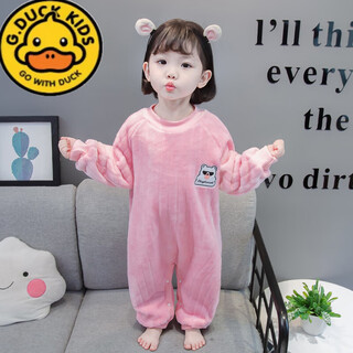 G.duckkids children's one-piece pajamas autumn and winter flannel coral velvet thickened baby sleeping bag child baby anti-kick home clothes pink 100 suitable for height 90-100cm age 3-4 years old