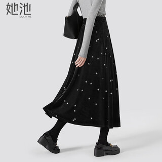 She chi xingkong velvet skirt women's 2025 autumn new retro elegant high waist a-line midi skirt