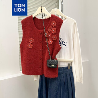 Tonlion 2025 autumn and winter three-dimensional flower design cardigan red vest women's outerwear high-end and versatile casual top