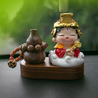 Yusenyi car aromatherapy ornaments, high-end buddha mazu high-end car interior center console decorations for men and women mazu-golden sandalwood bead gourd-solid wood base