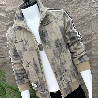 New autumn and winter printed velvet men's stand collar jacket trendy versatile slim top fashionable american style autumn and winter khaki gray velvet xl 130-150jin jin is equal to 0.5 kg