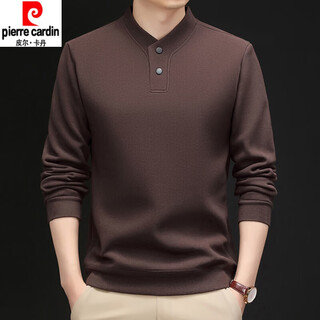 Pierre cardin high-end winter middle-aged men's casual stand-up collar sweatshirt solid color german velvet thickened top two-button t-shirt base layer coffee color xl 130-150jin jin equals 0.5 kg