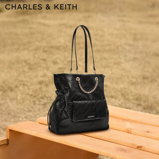 CHARLES&KEITH25冬新品抽绳油蜡皮菱格链条包双肩包CK2-30782756 Black黑色 L