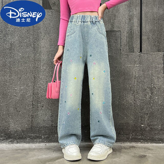 迪士尼（DISNEY）女童牛仔裤阔腿裤高腰直筒拖地渐变韩版衣帽间背带宝宝新款2025 浅蓝米色字母花朵刺绣春秋阔腿裤 170 (建议身高160/165)