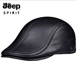 Jeep spirit old man hat men's new cowhide fashion versatile warm leather peaked hat ear protection cotton hat winter black m l (56-59c adjustable size)