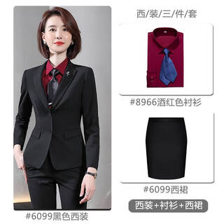 Pure autumn and winter stretch professional wear women's suit viscose manager teacher interview work clothes upper grade black jacket + skirt + wine red shirt 2xl