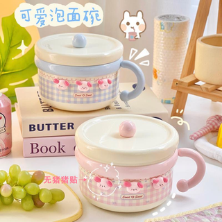 Wanjiaquan stainless steel instant noodle bowl with lid and handle, good-looking student dormitory, children's rice bowl, lunch box, personal use, blue grid instant noodle bowl