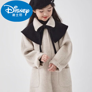 迪士尼童装2024年秋冬新款儿童双面羊绒呢大衣女童羊毛韩版中大 米白色呢大衣+黑色披肩 140cm