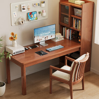 Huixun solid wood corner desk bookshelf combination with bookcase integrated computer desk small apartment study bedroom home desk walnut color #desk + bookshelf 100cm*60cm*182cm total length 124cm