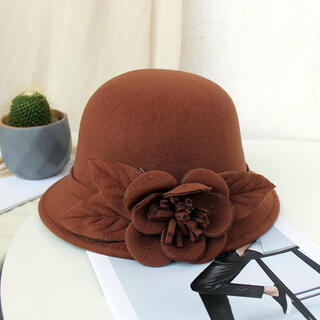 Pisces rabbit hat women elegant flowers british retro fashion korean style dome woolen bucket hat autumn and winter brown single large flower-caramel m(56-58cm)