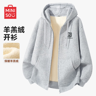 Miniso hooded jacket for men, wear-resistant, casual and easy to care for, men's loose american large size winter sweatshirt, heavy plus fleece clothes, lamb fleece sweatshirt jacket, hemp gray (maze square chest label) l /175 (weight 120-140jin jin equals 0.5 kg)