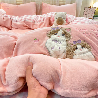 Yolanna cute cat appliqué embroidered milk velvet warm three-four-piece set autumn and winter double-sided velvet thick quilt cover cute ragdoll cat-pink sheet style 1.5m four-piece set