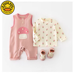 G.duckkids korean style children's overalls set, stylish baby girl spring and autumn two-piece set, fashionable infant clothes, early autumn, pink overalls two-piece set, other accessories not included 90